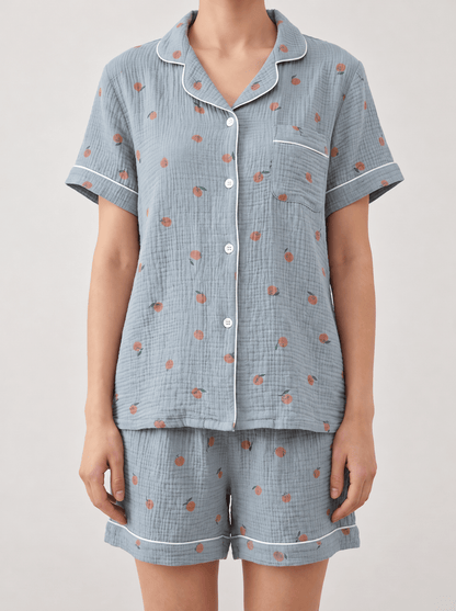 Peachy Breeze Peach Print Cotton Gauze Shorts Pajama Set - WhisperLinens