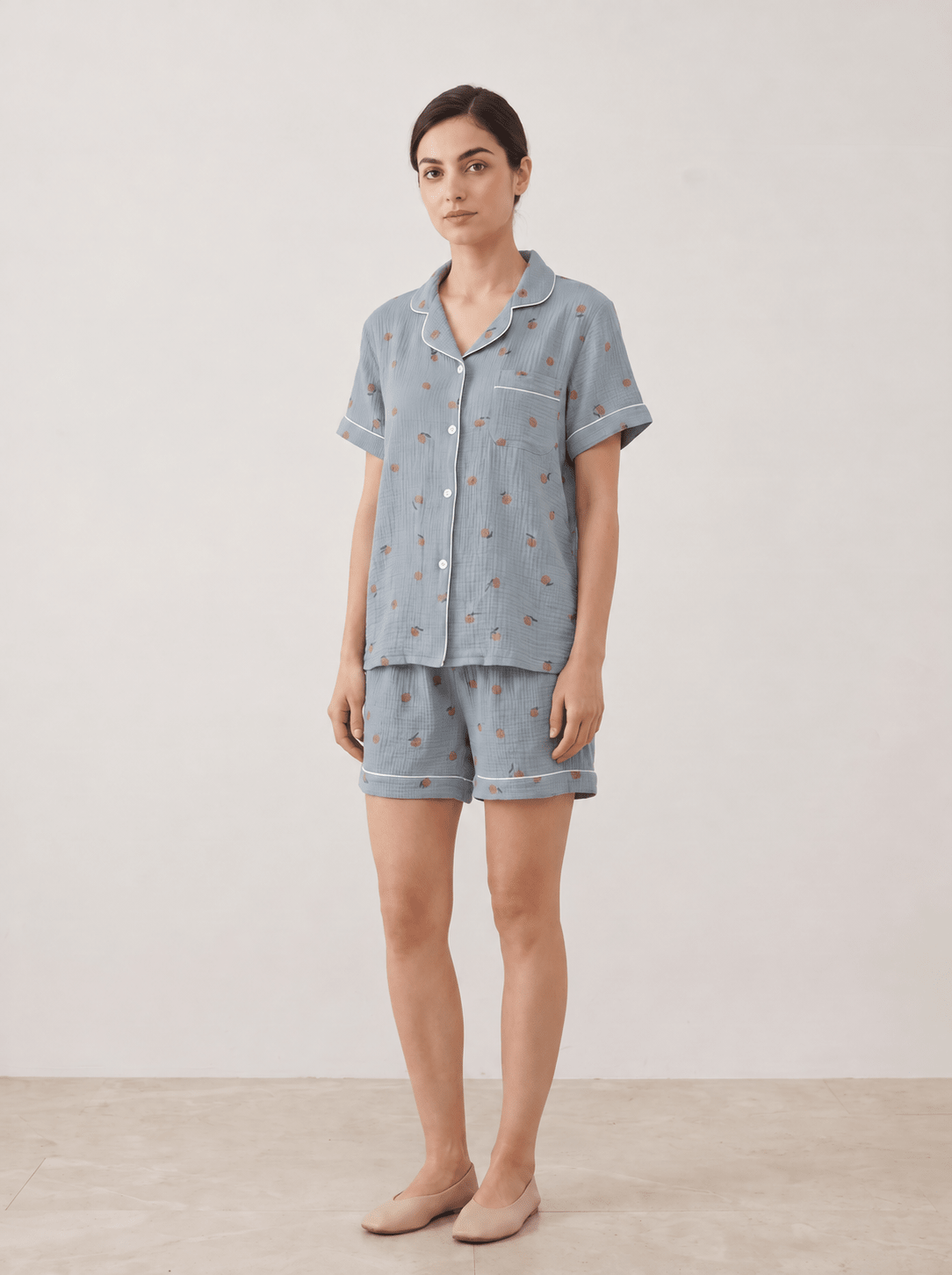 Peachy Breeze Peach Print Cotton Gauze Shorts Pajama Set - WhisperLinens