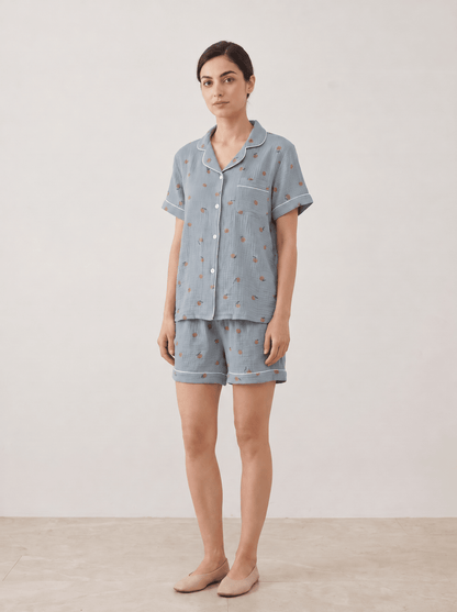 Peachy Breeze Peach Print Cotton Gauze Shorts Pajama Set - WhisperLinens