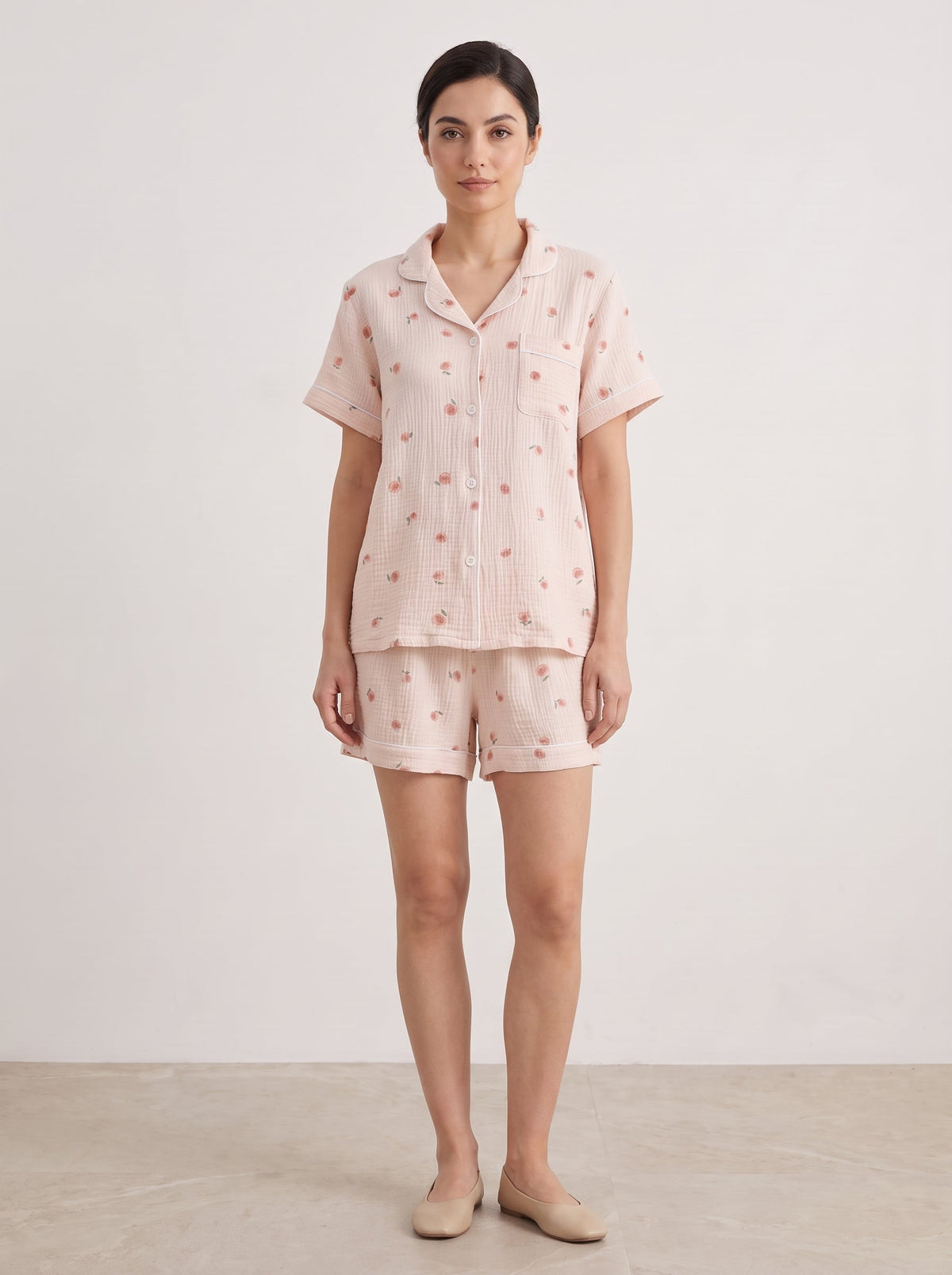 Peachy Breeze Peach Print Cotton Gauze Shorts Pajama Set - WhisperLinens
