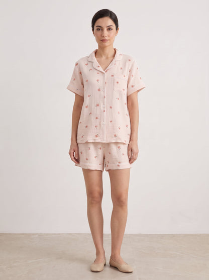 Peachy Breeze Peach Print Cotton Gauze Shorts Pajama Set - WhisperLinens