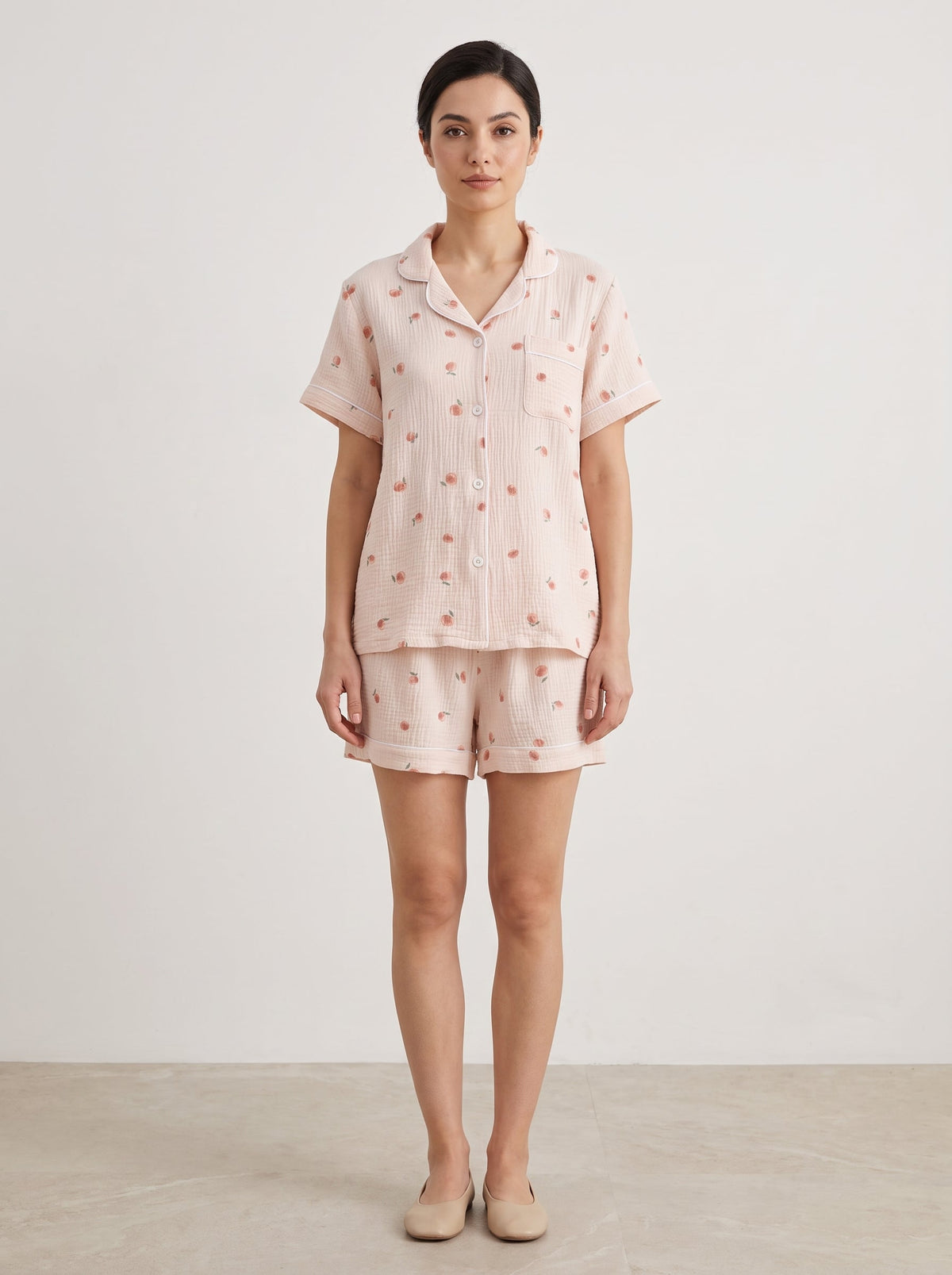 Peachy Breeze Peach Print Cotton Gauze Shorts Pajama Set - WhisperLinens