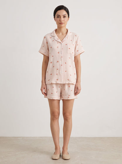 Peachy Breeze Peach Print Cotton Gauze Shorts Pajama Set - WhisperLinens
