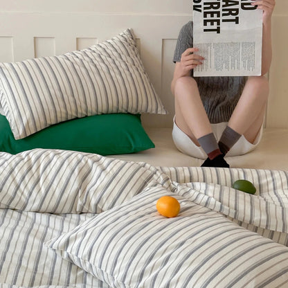 Khaki Gray Pinstripe Cotton Bedding Set