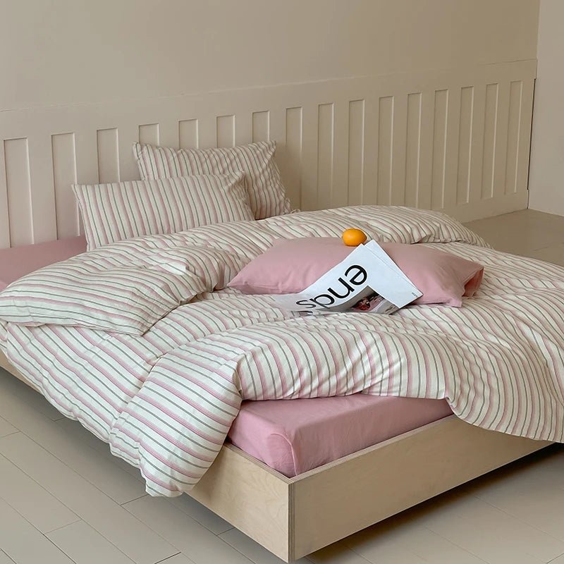Pink Gray Stripe Cotton Beddin Set