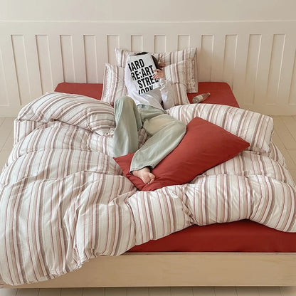 Red Ticking Stripe Cotton Bedding Set