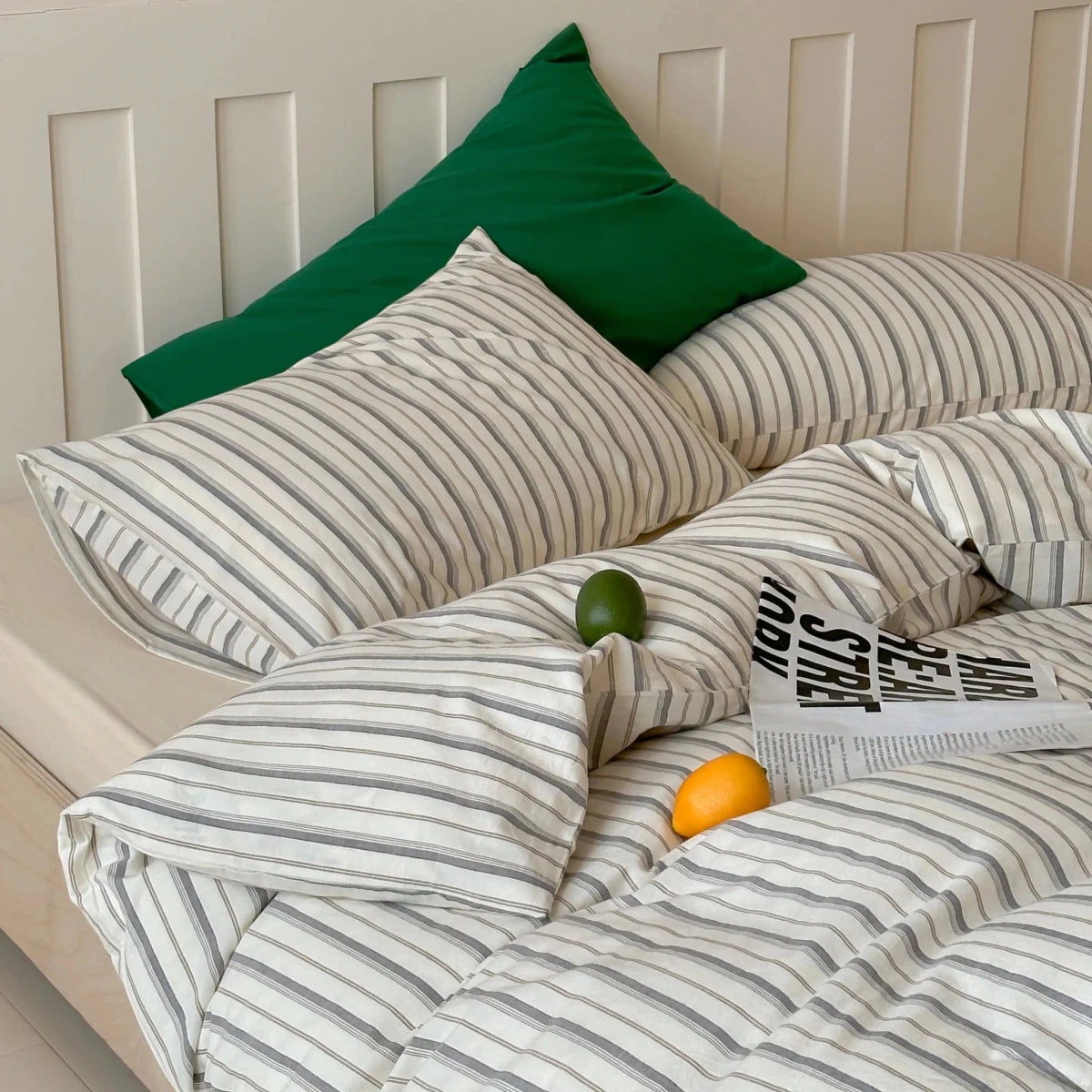 Khaki Gray Pinstripe Cotton Bedding Set