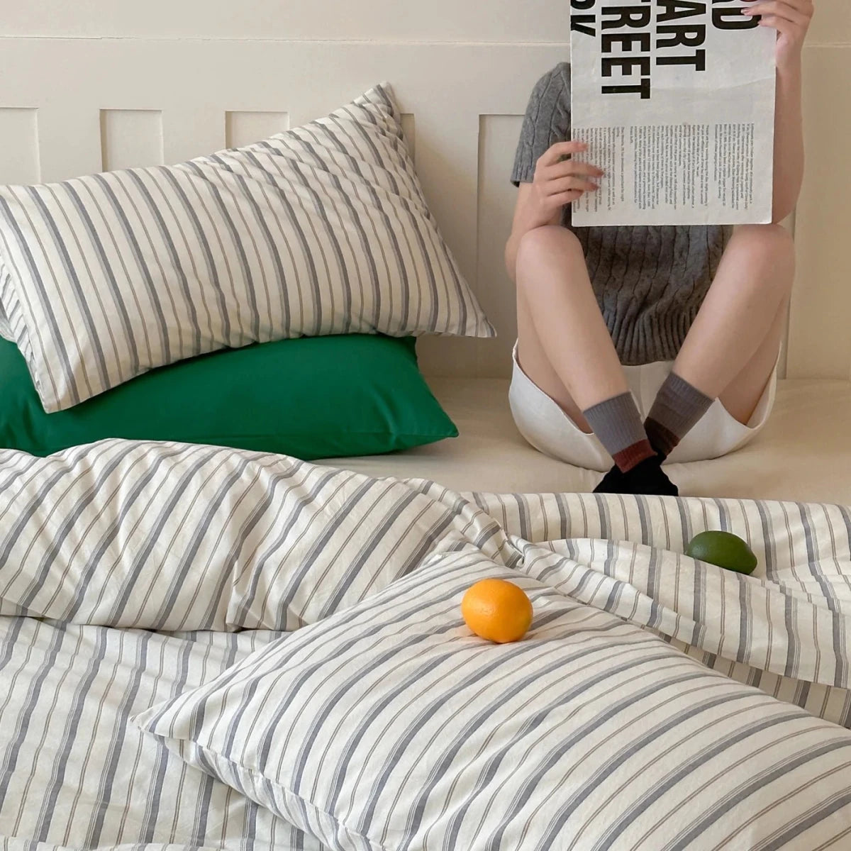 Khaki Gray Pinstripe Cotton Bedding Set