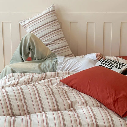 Red Ticking Stripe Cotton Bedding Set