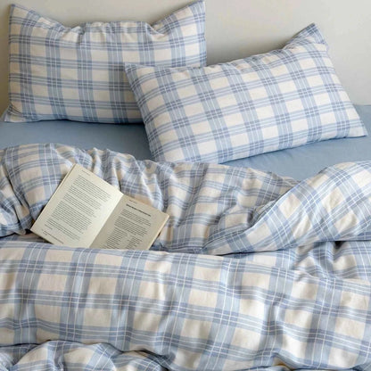 Powder Blue Plaid Cotton Bedding Set - WhisperLinens