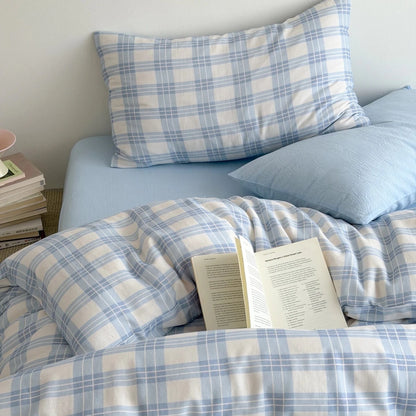 Powder Blue Plaid Cotton Bedding Set - WhisperLinens