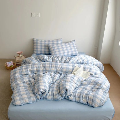 Powder Blue Plaid Cotton Bedding Set - WhisperLinens