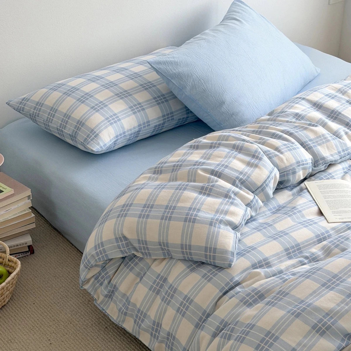 Powder Blue Plaid Cotton Bedding Set - WhisperLinens