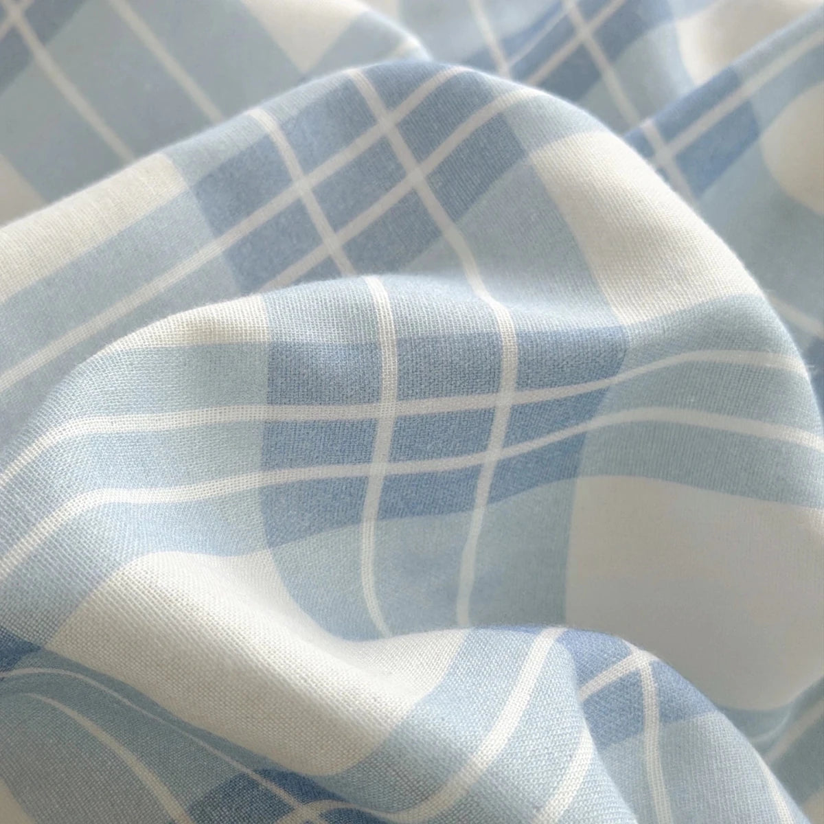 Powder Blue Plaid Cotton Bedding Set - WhisperLinens