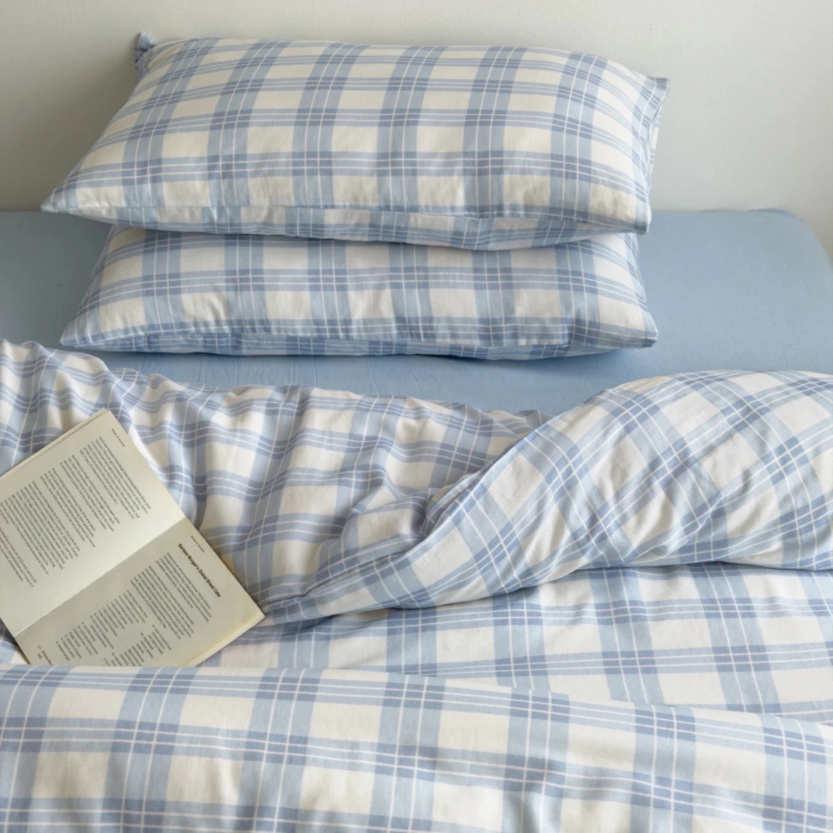 Powder Blue Plaid Cotton Bedding Set - WhisperLinens