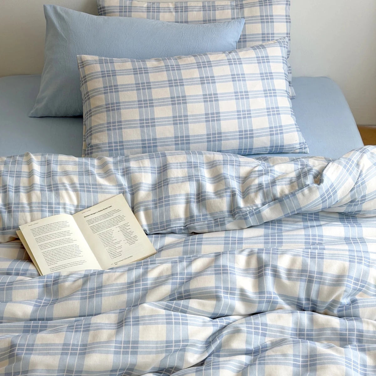 Powder Blue Plaid Cotton Bedding Set - WhisperLinens