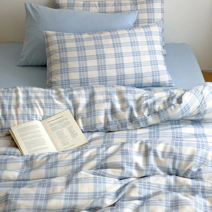 Powder Blue Plaid Cotton Bedding Set - WhisperLinens