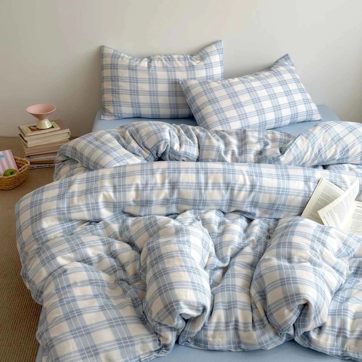 Powder Blue Plaid Cotton Bedding Set - WhisperLinens