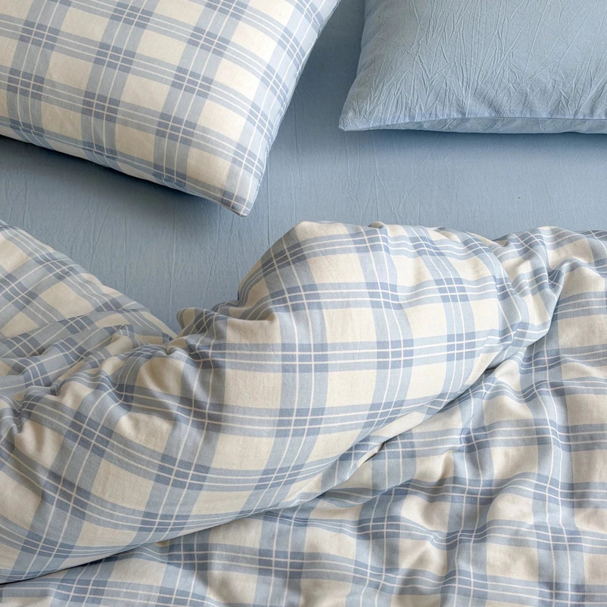 Powder Blue Plaid Cotton Bedding Set - WhisperLinens