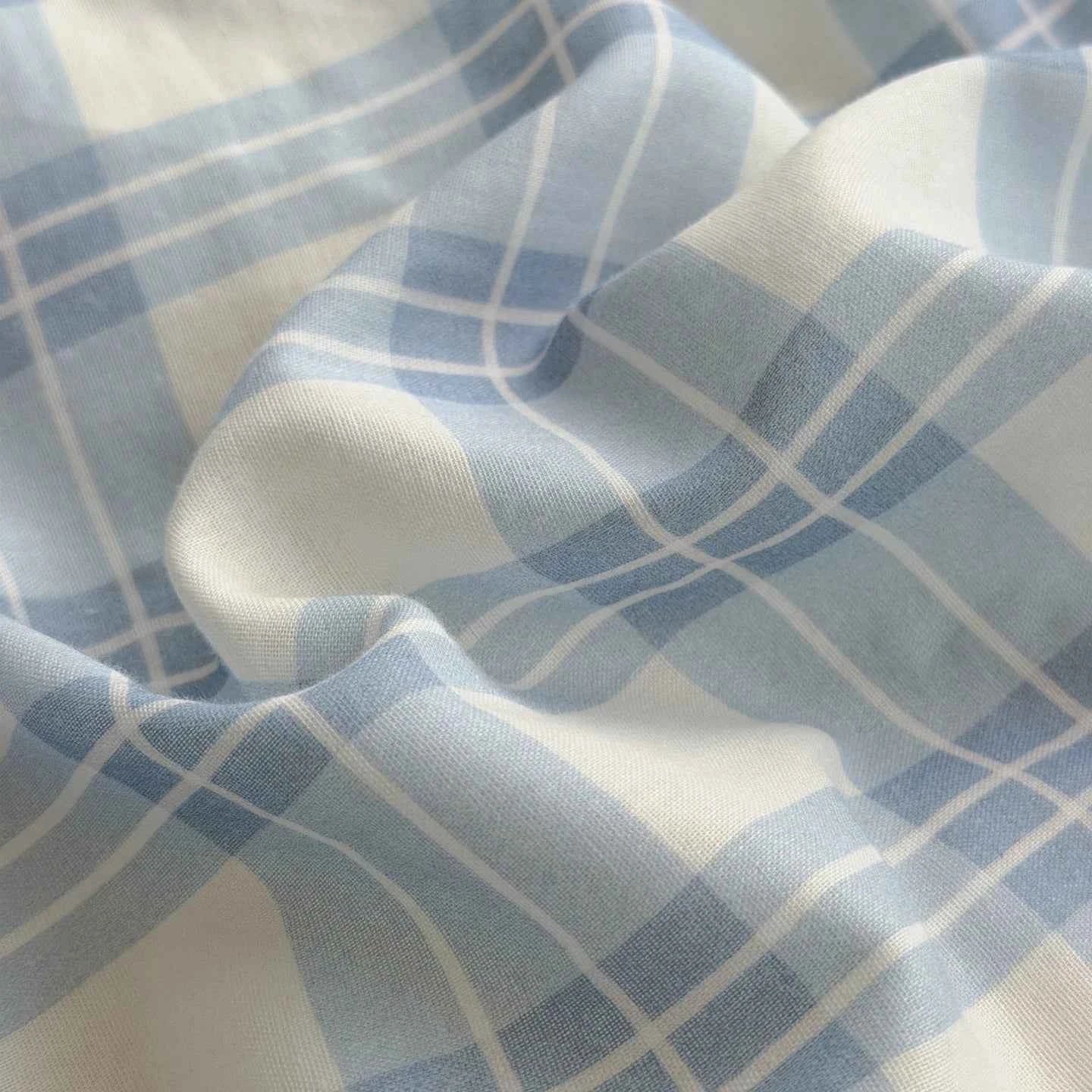 Powder Blue Plaid Cotton Bedding Set - WhisperLinens