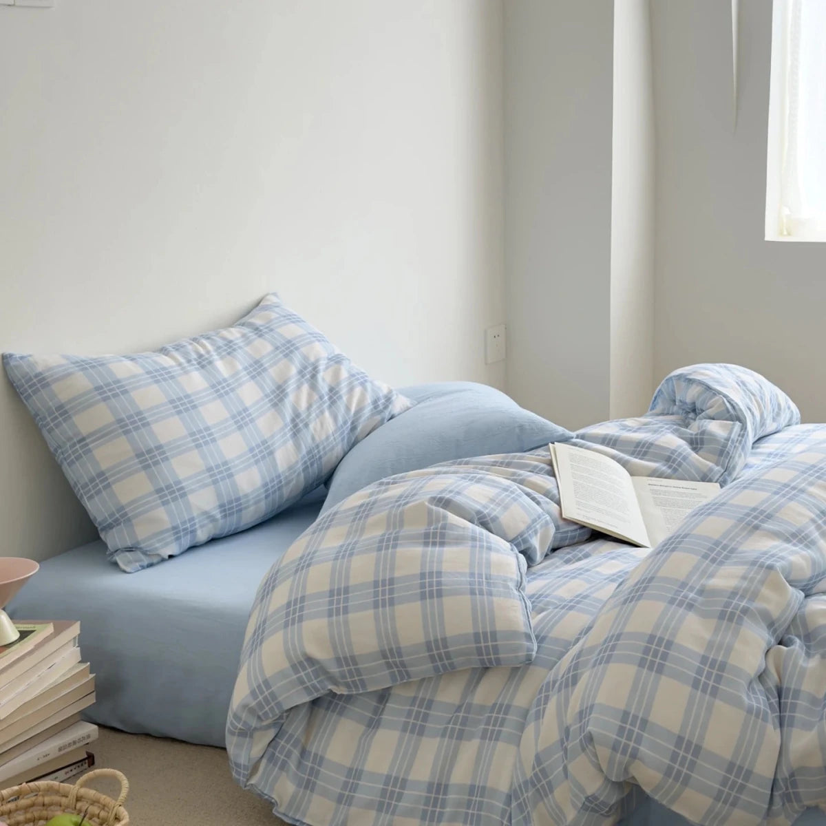 Powder Blue Plaid Cotton Bedding Set - WhisperLinens