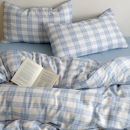 Powder Blue Plaid Cotton Bedding Set - WhisperLinens