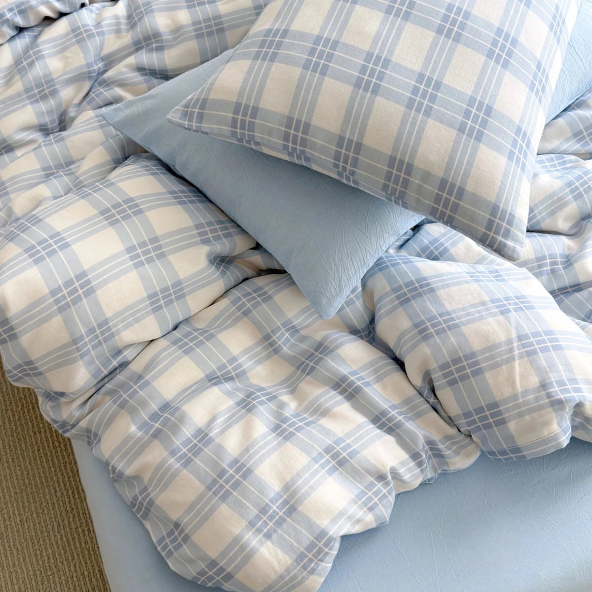 Powder Blue Plaid Cotton Bedding Set - WhisperLinens
