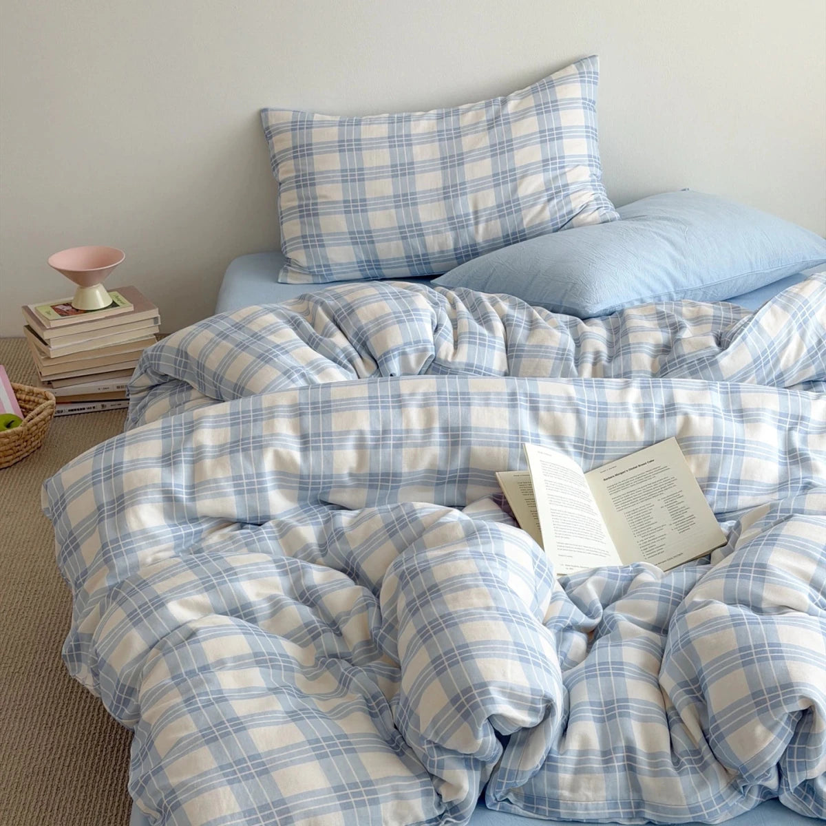 Powder Blue Plaid Cotton Bedding Set - WhisperLinens
