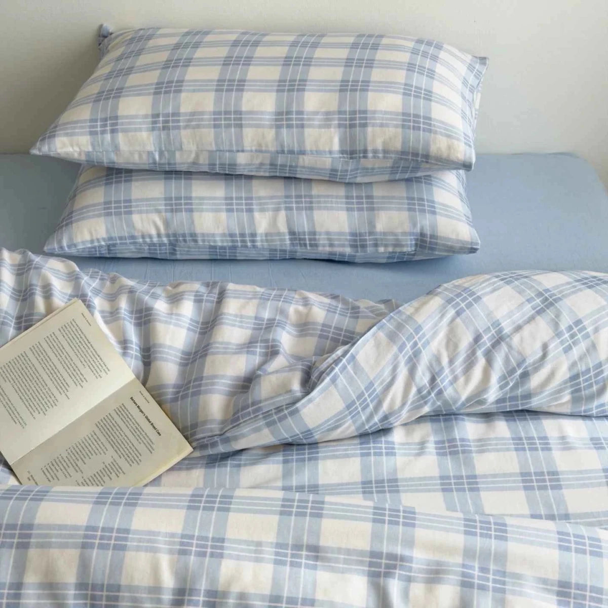 Powder Blue Plaid Cotton Bedding Set - WhisperLinens