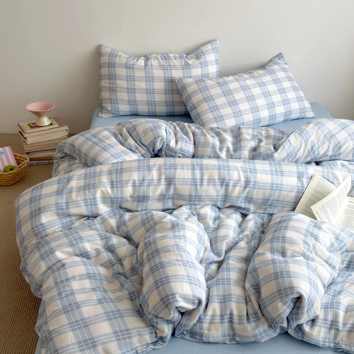 Powder Blue Plaid Cotton Bedding Set - WhisperLinens