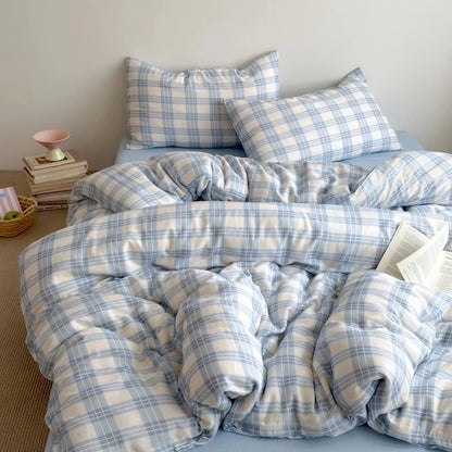 Powder Blue Plaid Cotton Bedding Set - WhisperLinens