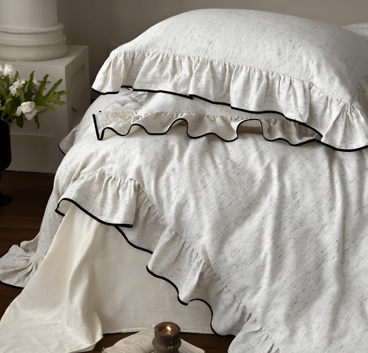 Ruffled Cotton Bedding Set – Cream Duvet Cover with Black Piping - WhisperLinens