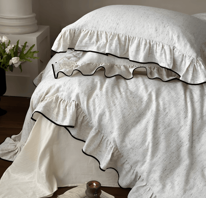 Ruffled Cotton Bedding Set – Cream Duvet Cover with Black Piping - WhisperLinens