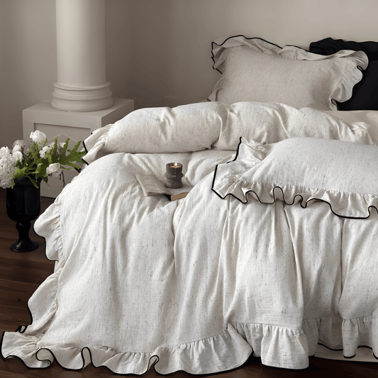 Ruffled Cotton Bedding Set – Cream Duvet Cover with Black Piping - WhisperLinens