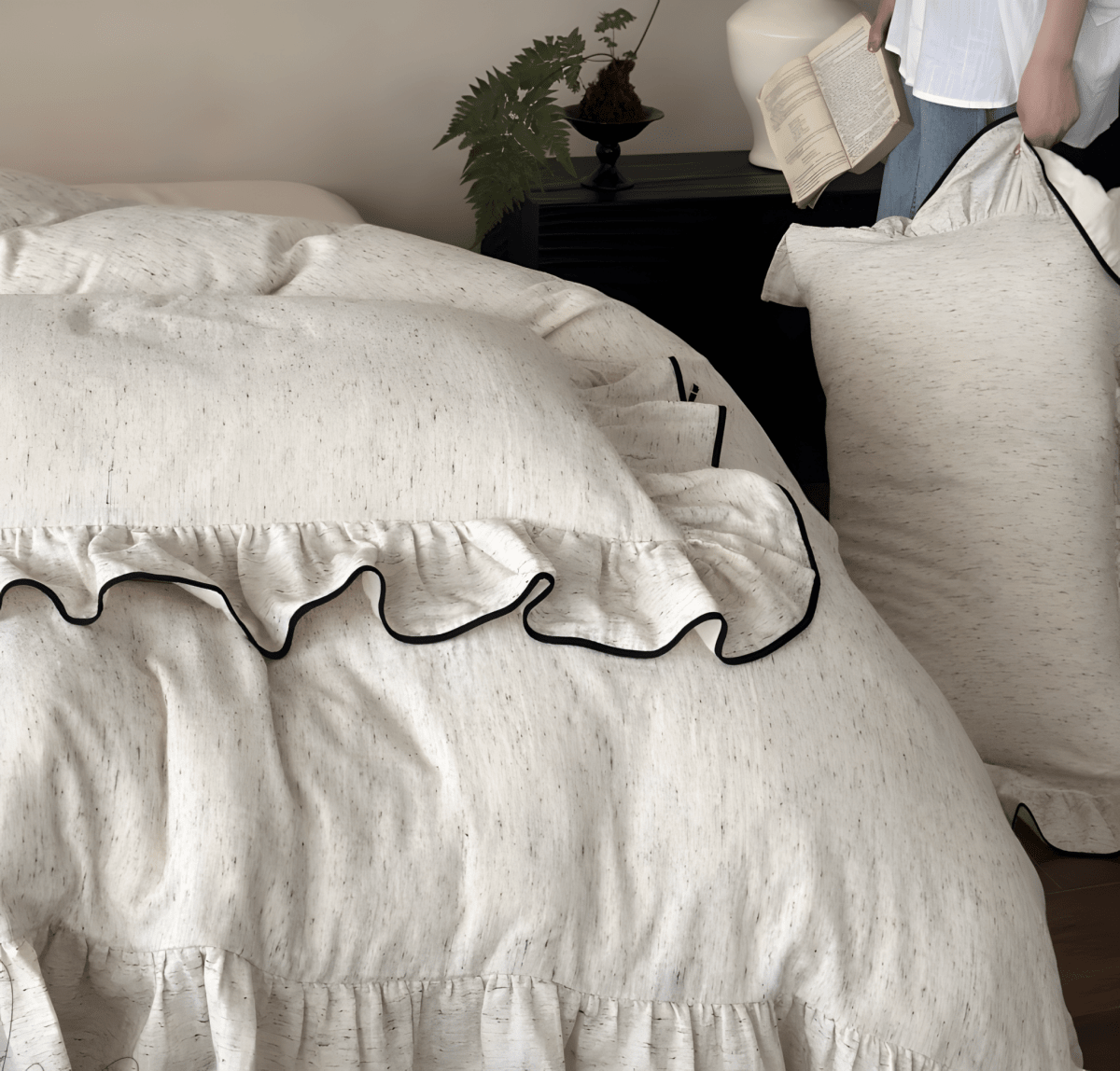 Ruffled Cotton Bedding Set – Cream Duvet Cover with Black Piping - WhisperLinens