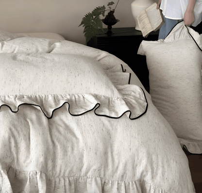 Ruffled Cotton Bedding Set – Cream Duvet Cover with Black Piping - WhisperLinens