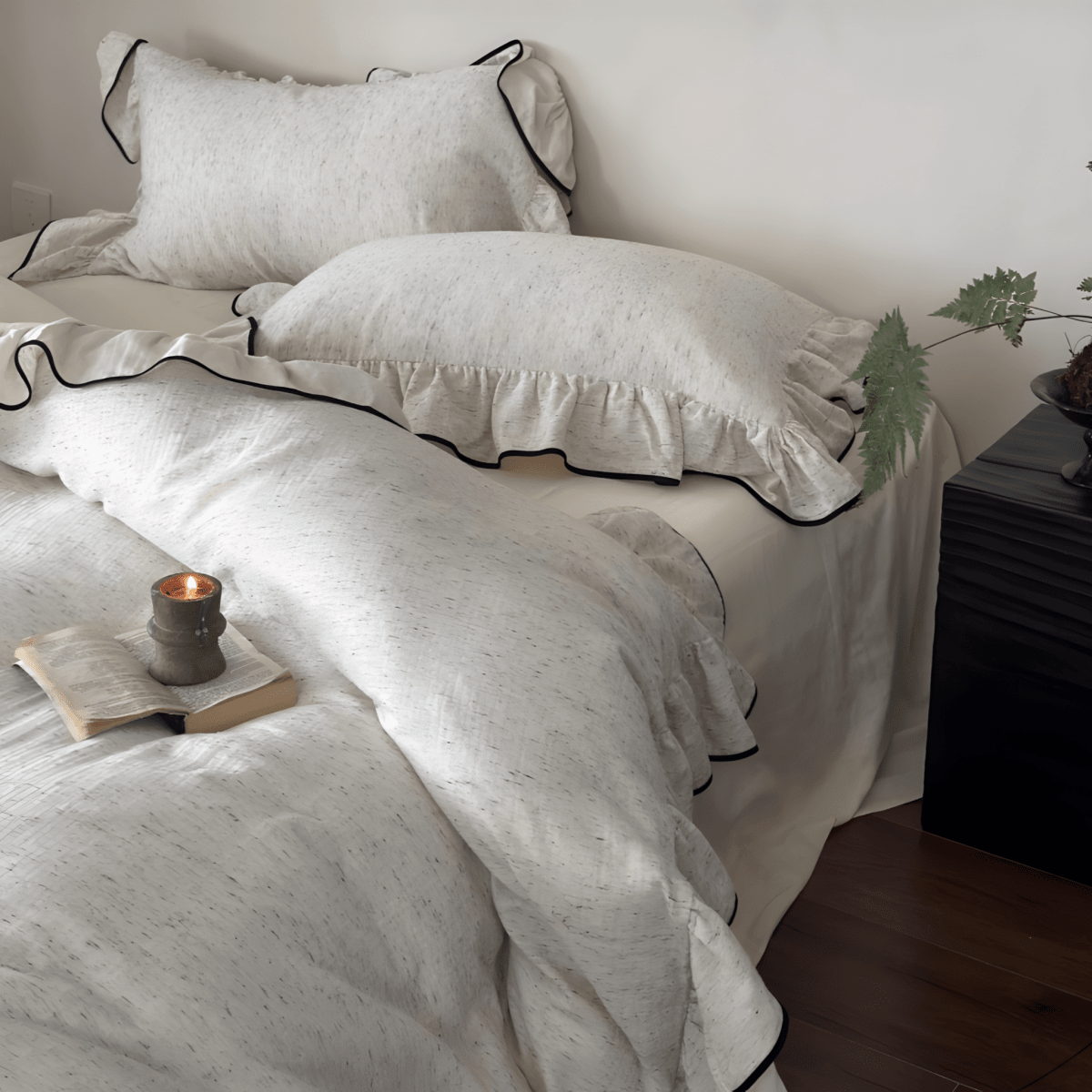 Ruffled Cotton Bedding Set – Cream Duvet Cover with Black Piping - WhisperLinens