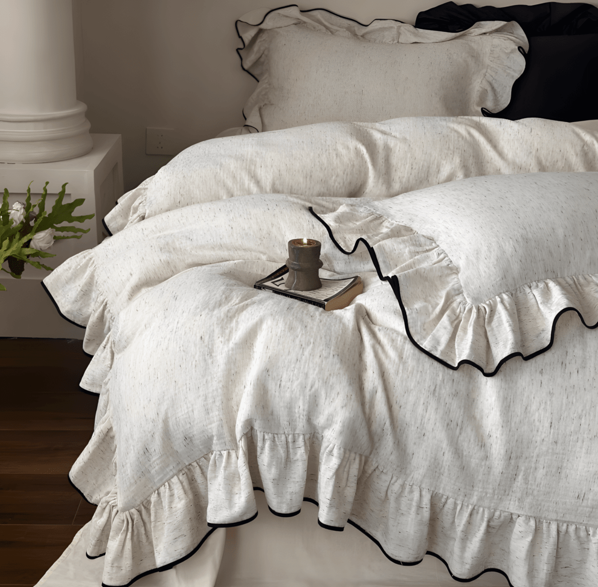 Ruffled Cotton Bedding Set – Cream Duvet Cover with Black Piping - WhisperLinens