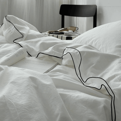 Seren Black Piped Trim Washed Cotton Bedding Set - WhisperLinens