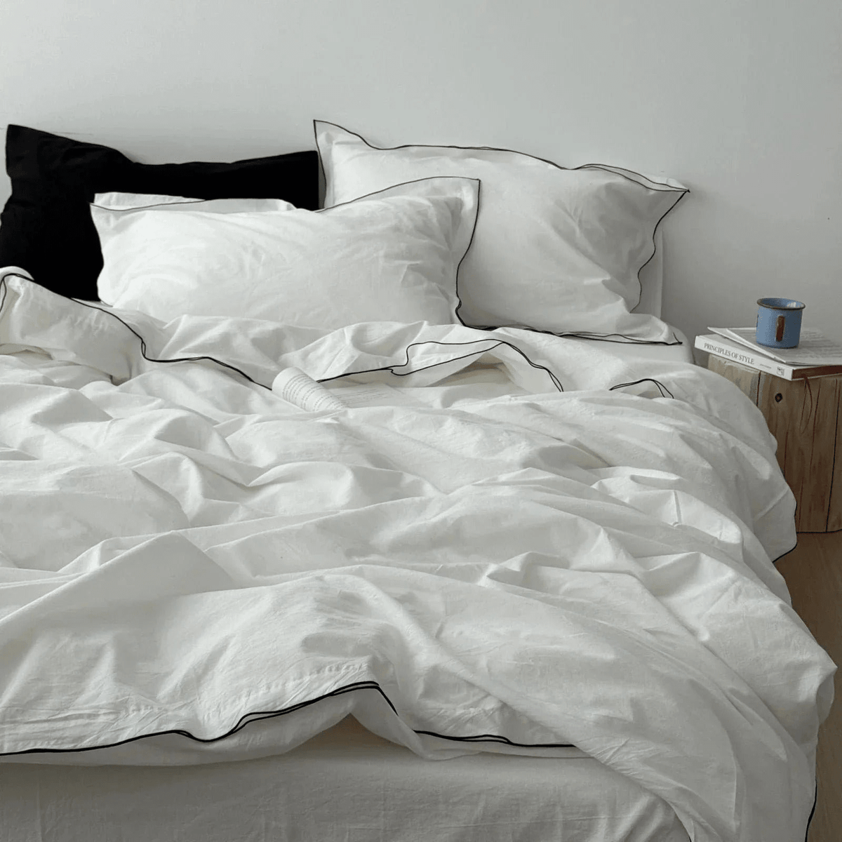 Seren Black Piped Trim Washed Cotton Bedding Set - WhisperLinens