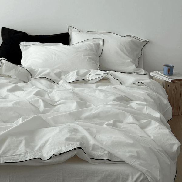 Seren Black Piped Trim Washed Cotton Bedding Set - WhisperLinens