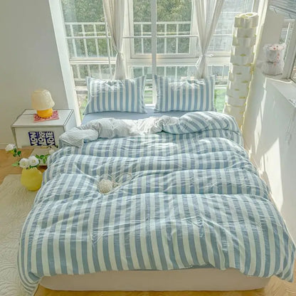 sky blue bedding set with white and light blue stripes