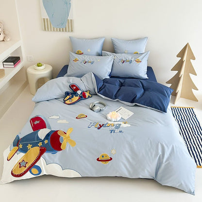 Skylark Airplane Appliqué Cotton Bedding Set - WhisperLinens