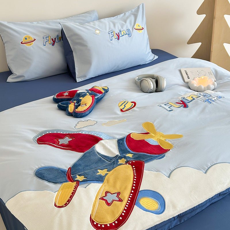 Skylark Airplane Appliqué Cotton Bedding Set - WhisperLinens