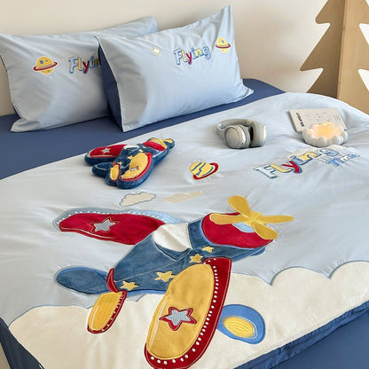 Skylark Airplane Appliqué Cotton Bedding Set - WhisperLinens