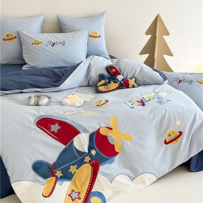 Skylark Airplane Appliqué Cotton Bedding Set - WhisperLinens
