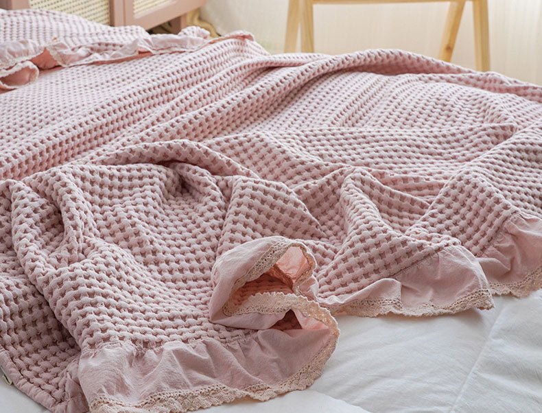 Juniper Ruffled Waffle Throw Blanket - Pink - WhisperLinens