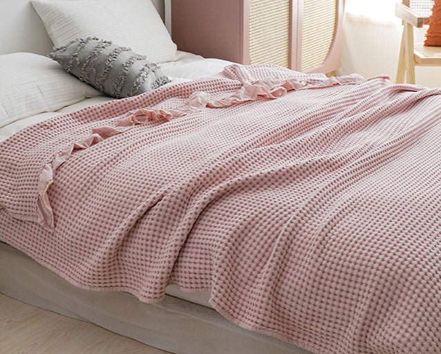Juniper Ruffled Waffle Throw Blanket - Pink - WhisperLinens