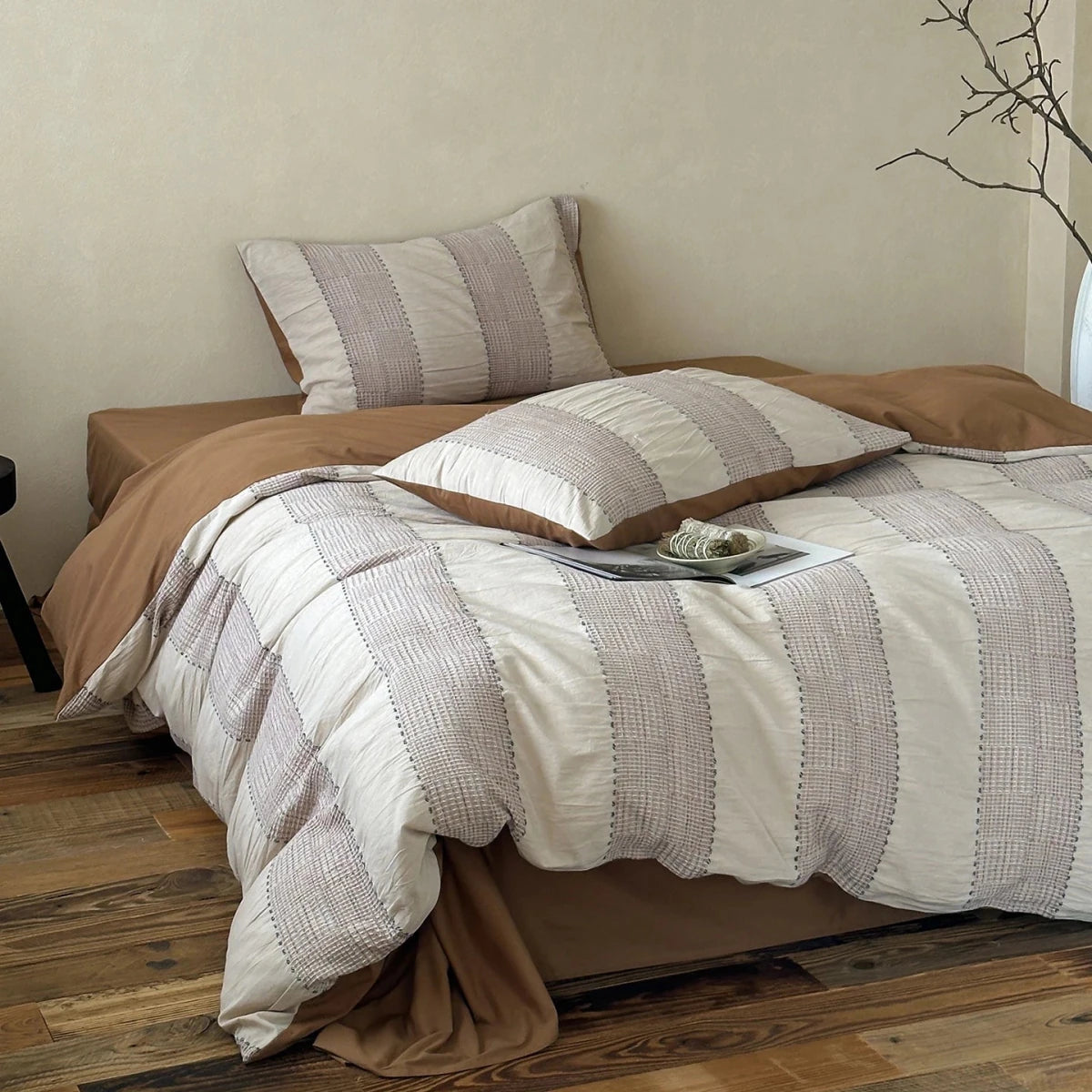 Caramel Woven Stripe Cotton Duvet Cover Set