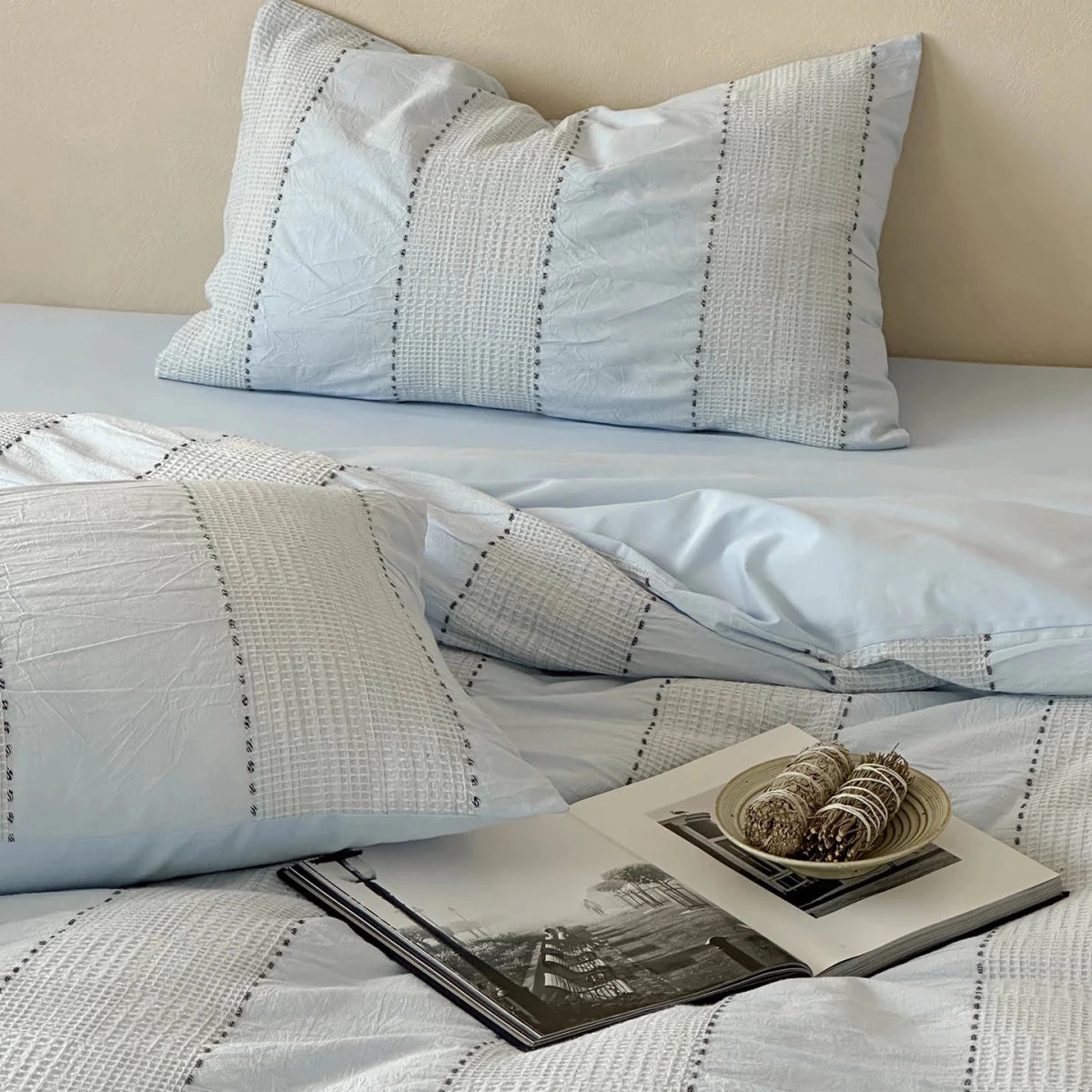 Powder Blue Woven Stripe Cotton Duvet Cover Set
